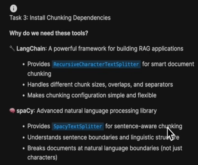 Chunking dependencies: LangChain RecursiveCharacterTextSplitter and spaCy SpacyTextSplitter