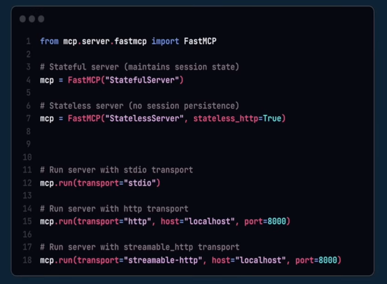 FastMCP server initialization code, stateful vs stateless, transport options