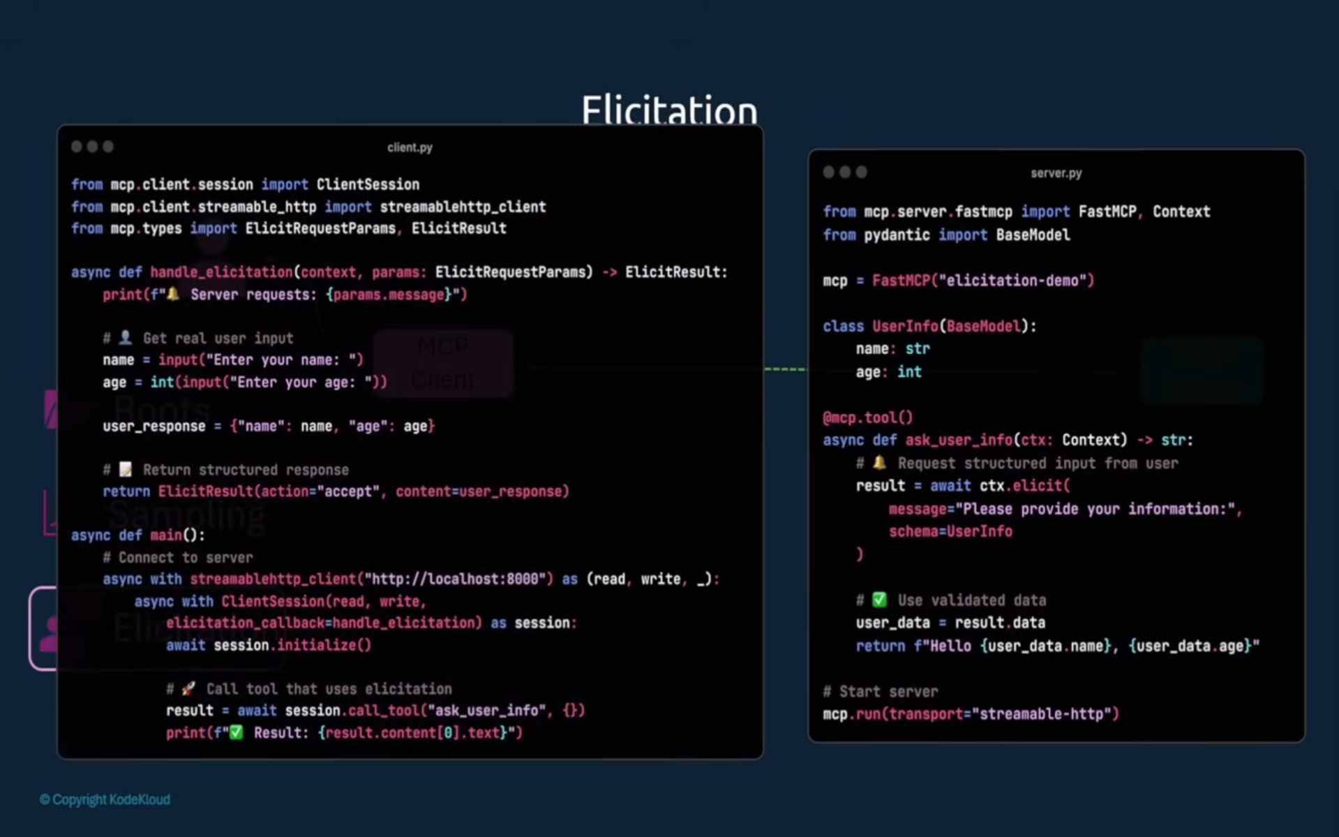 MCP Elicitation - server defines a Pydantic schema, client collects structured input