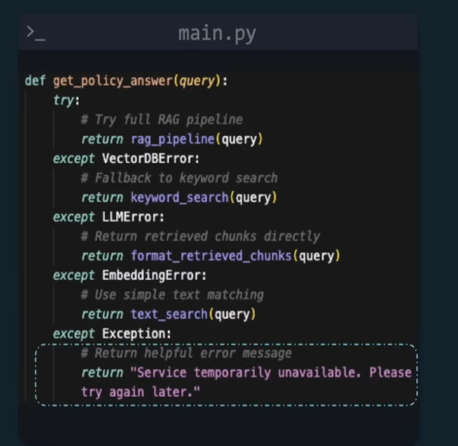 get_policy_answer function with try/except fallback handling